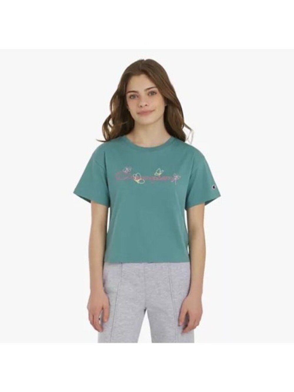 Champion Girls L 14 Green Cropped Graphic Tee Cotton Polyester Made In China